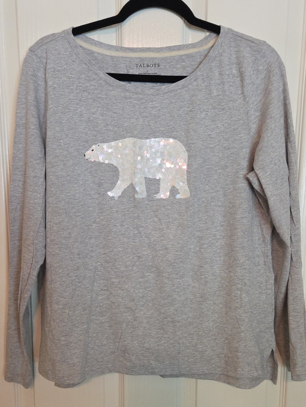 Talbots Heather Gray Long Sleeve Tee with Iridescent Sequin Polar Bear